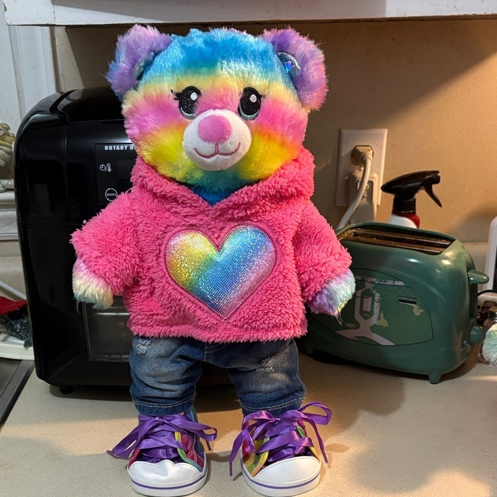Build a bear Rainbow Plush Bear with Pink Heart Hoodie